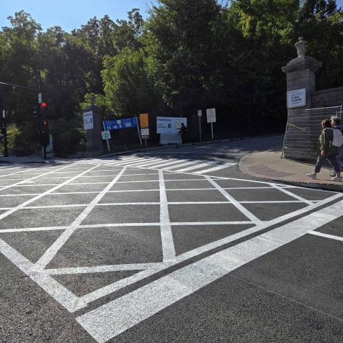 Lignes de circulation et voies de virage / Passages pour piétons et pistes cyclables / Zones d'arrêt et hachurages de sécurité / Marquages spécifiques pour transports en commun et véhicules prioritaires